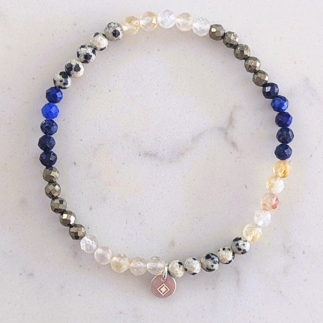dalmatian jasper, lapis lazuli, citrine and pyrite gemstone bracelet
