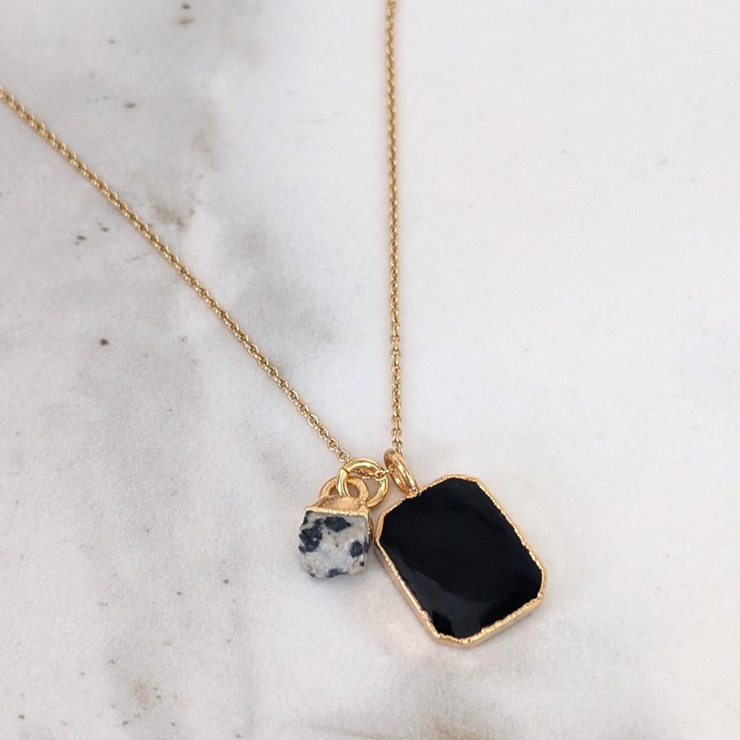 gold black tourmaline and dalmatian jasper pendant necklace