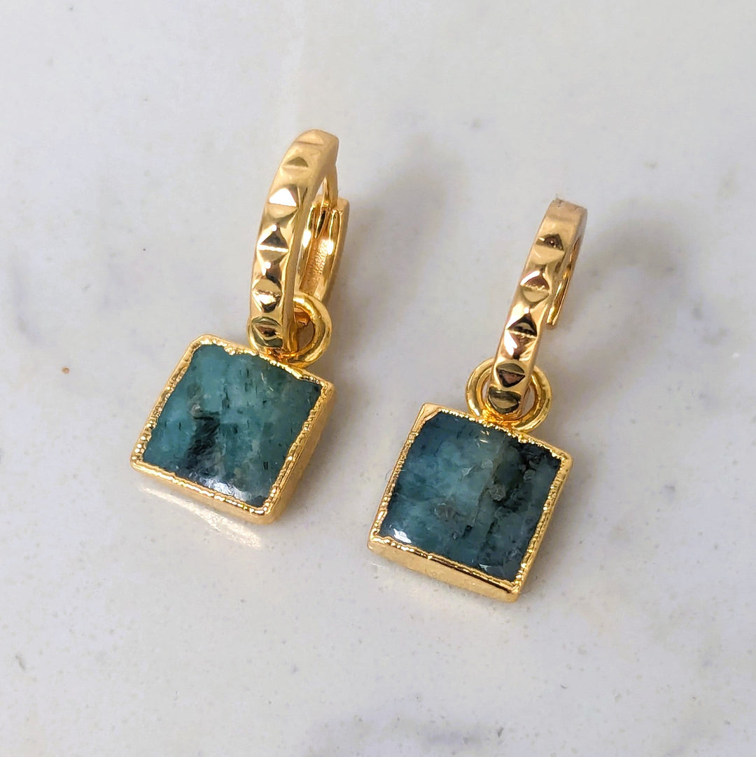 gold plated emerald square charm hoop earrings