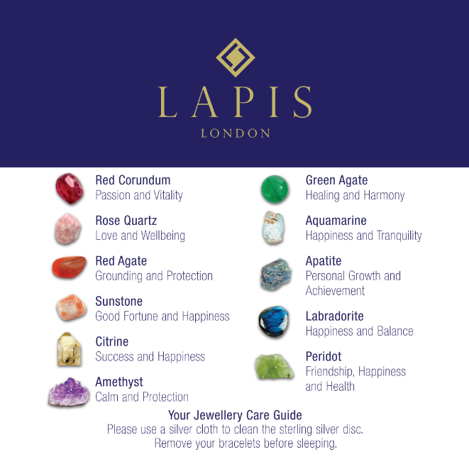 Jewelry care guide with gemstones and meanings by Lapis London.