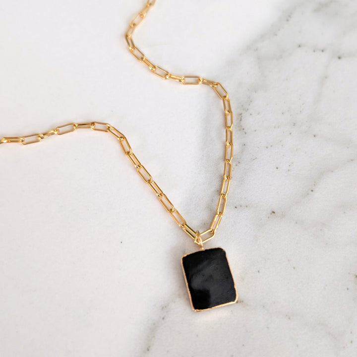 gold plated sterling silver black tourmaline rectangular pendant necklace