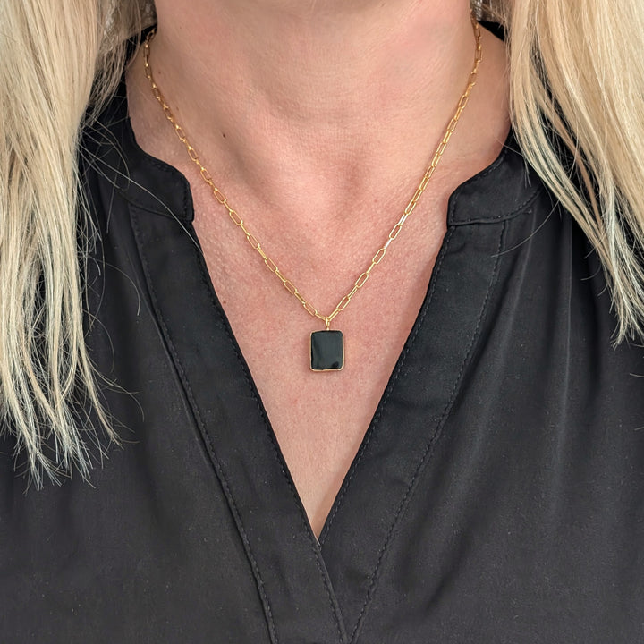 gold plated sterling silver black tourmaline rectangular pendant necklace