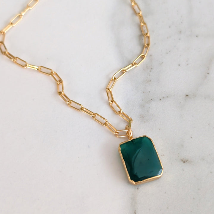 gold plated sterling silver green onyx rectangular pendant necklace with paperclip chain