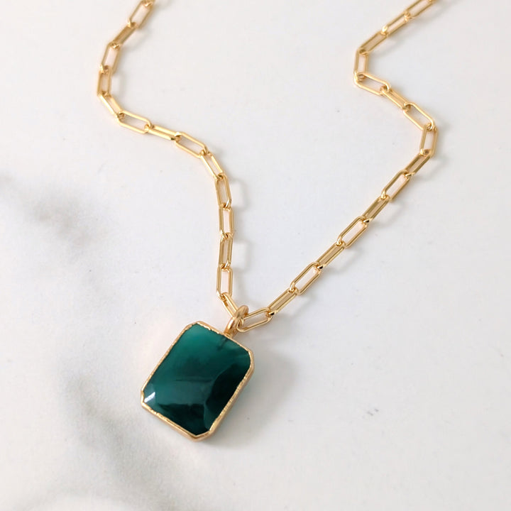 gold plated sterling silver green onyx rectangular pendant necklace with paperclip chain
