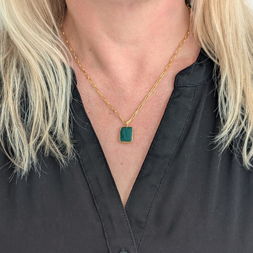 gold plated sterling silver green onyx rectangular pendant necklace with paperclip chain