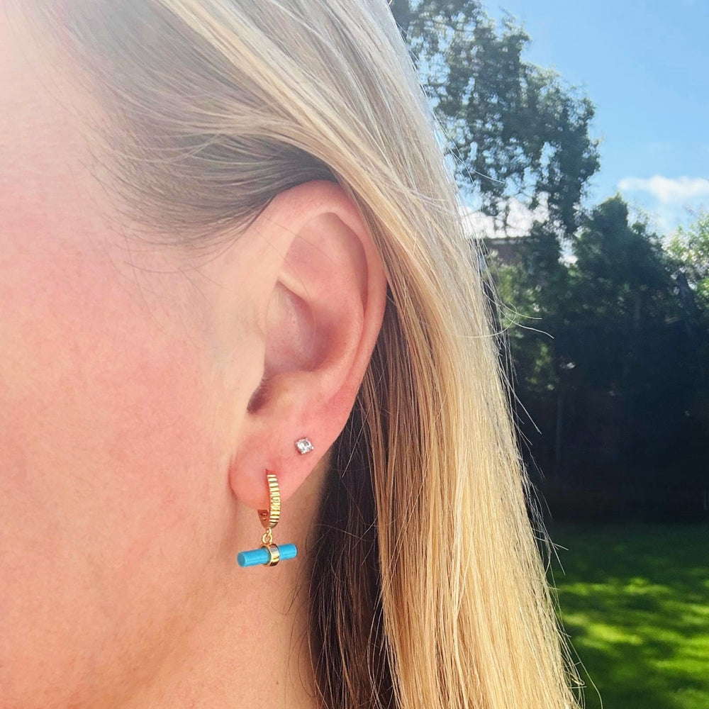 18 carat gold plated sterling silver turquoise t-bar hoop earrings