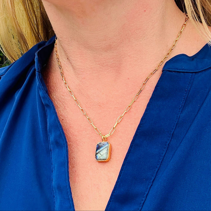 labradorite rectangle pendant on gold plated sterling silver paperclip chain