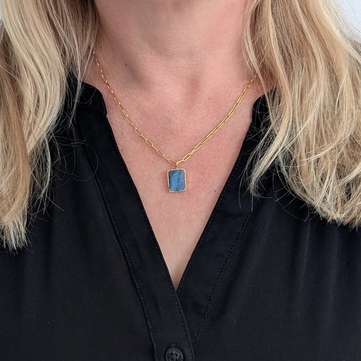 gold labradorite rectangular gemstone necklace