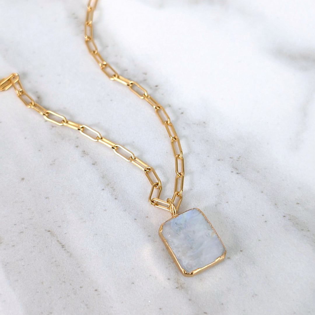 gold plated sterling silver moonstone rectangular pendant necklace with paperclip chain