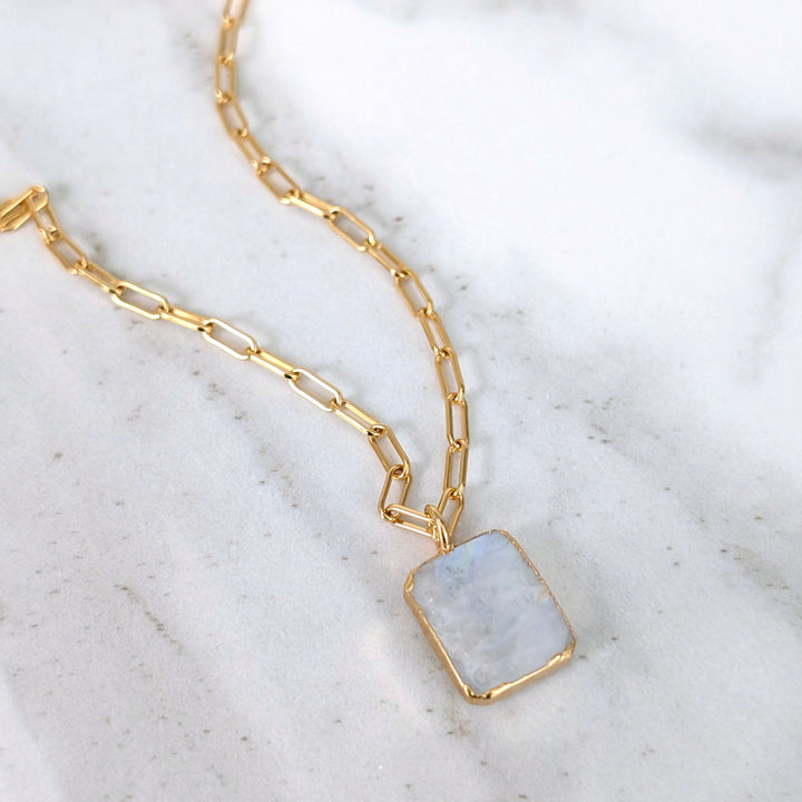 gold plated sterling silver moonstone rectangular pendant necklace with paperclip chain