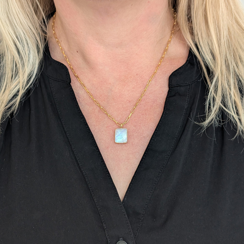 gold plated sterling silver moonstone rectangular pendant necklace with paperclip chain
