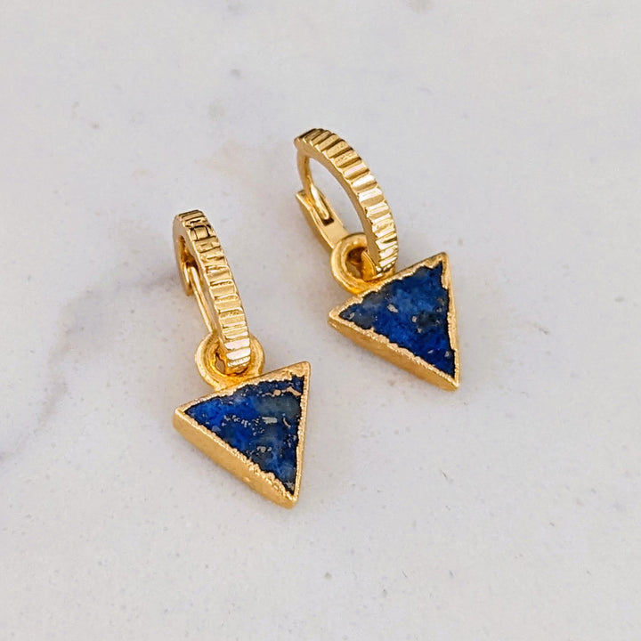 Lapis Lazuli gold plated triangular charm hoop earrings