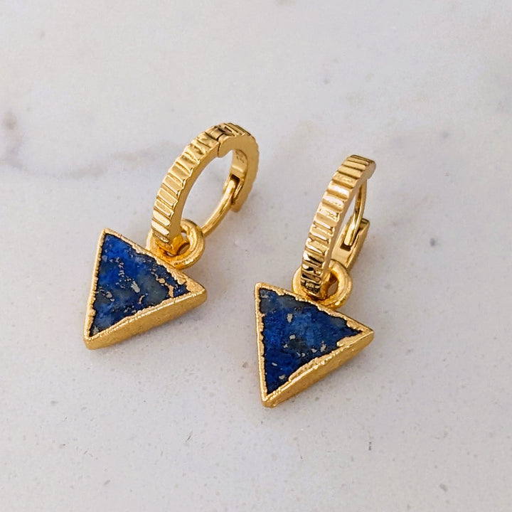 Lapis Lazuli gold plated triangular charm hoop earrings