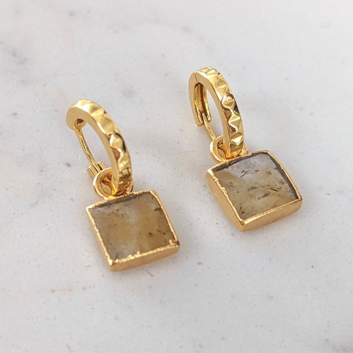 gold plated citrine square charm hoop earrings