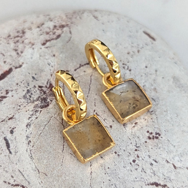 gold plated citrine square charm hoop earrings