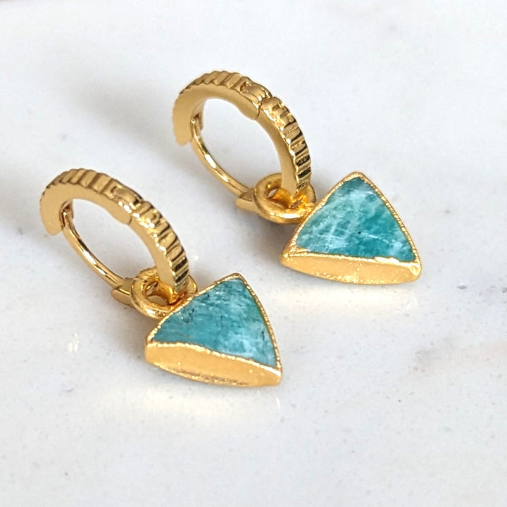 gold plated amazonite gemstone triangle hoop earrings