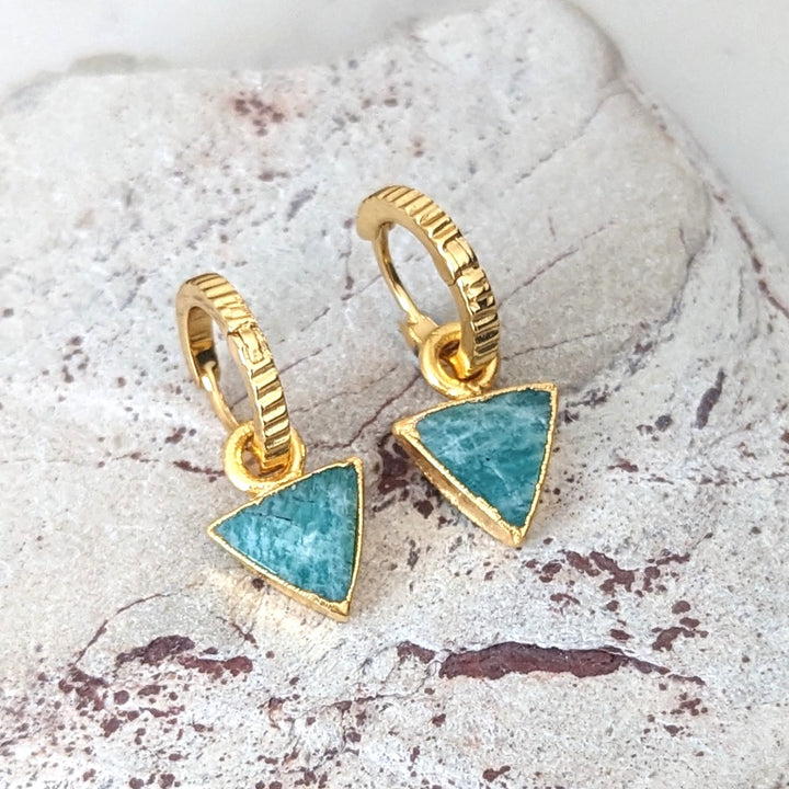 gold plated amazonite gemstone triangle hoop earrings