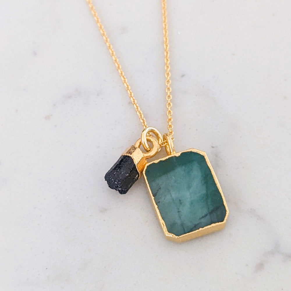 Emerald and black tourmaline gold necklace