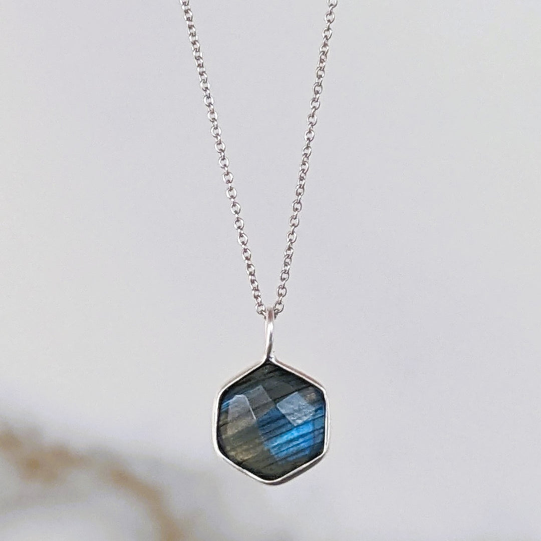 sterling silver hexagon labradorite necklace