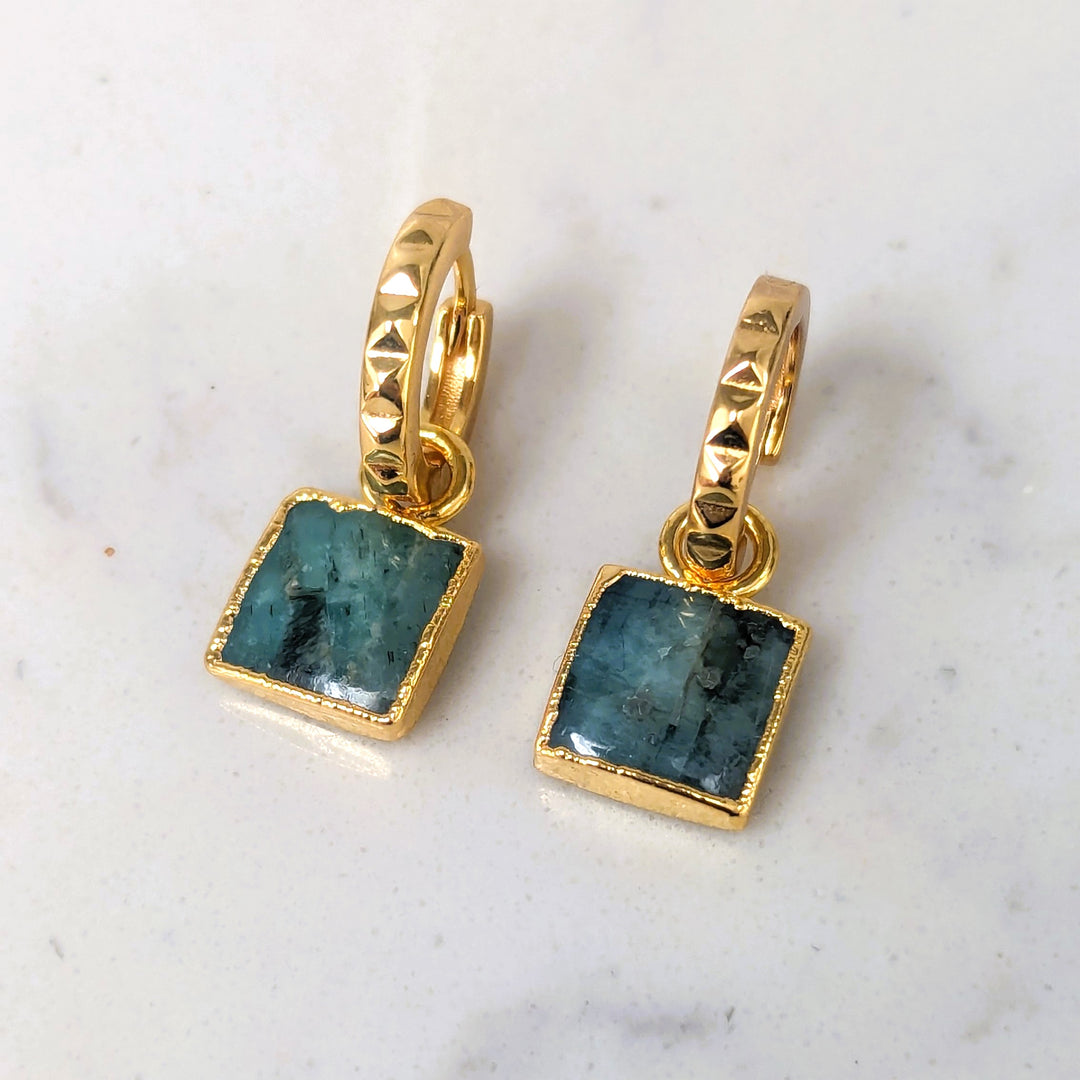 Gold plated square charm emerald earrings