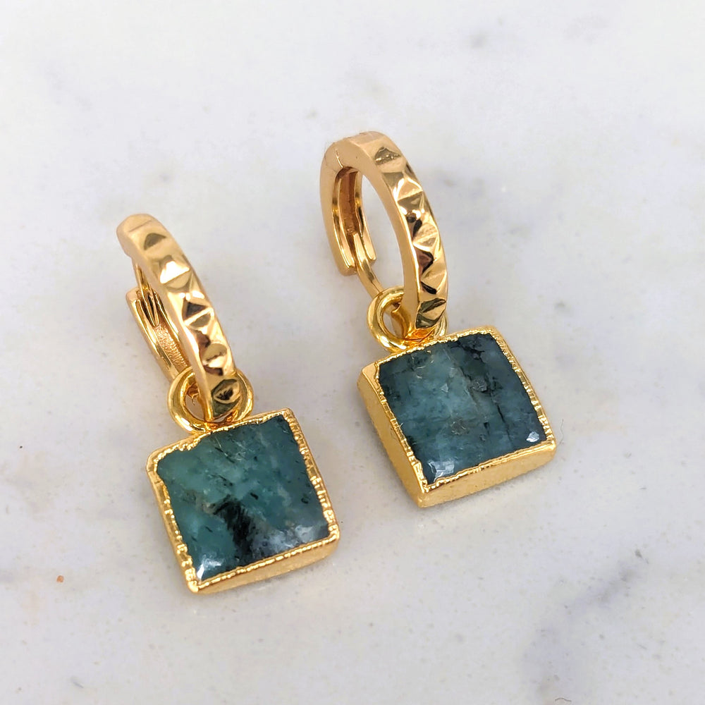 Gold plated square charm emerald earrings