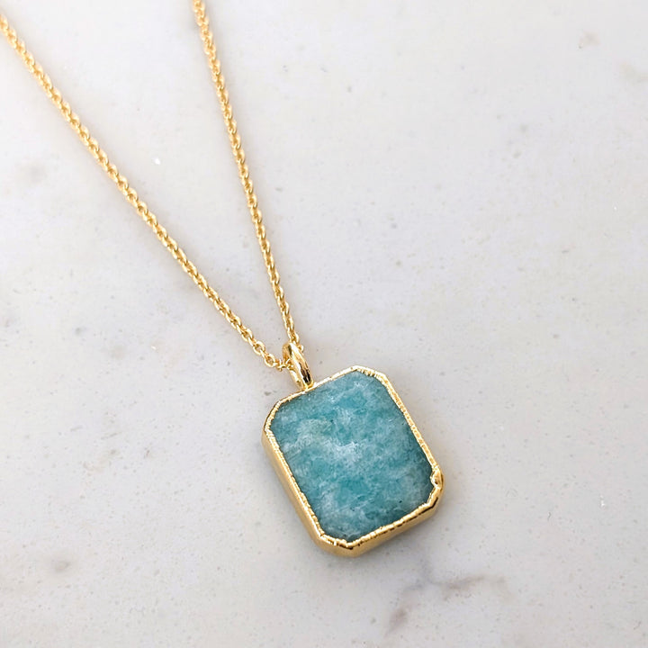 gold amazonite rectangular pendant necklace