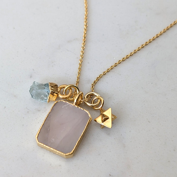 The Trio Rose Quartz, Aquamarine and Charm Necklace
