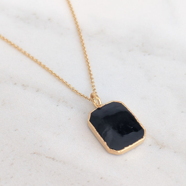gold plated sterling silver black tourmaline rectangular pendant necklace