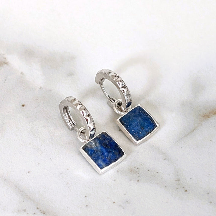 sterling silver lapis lazuli square charm hoop earrings