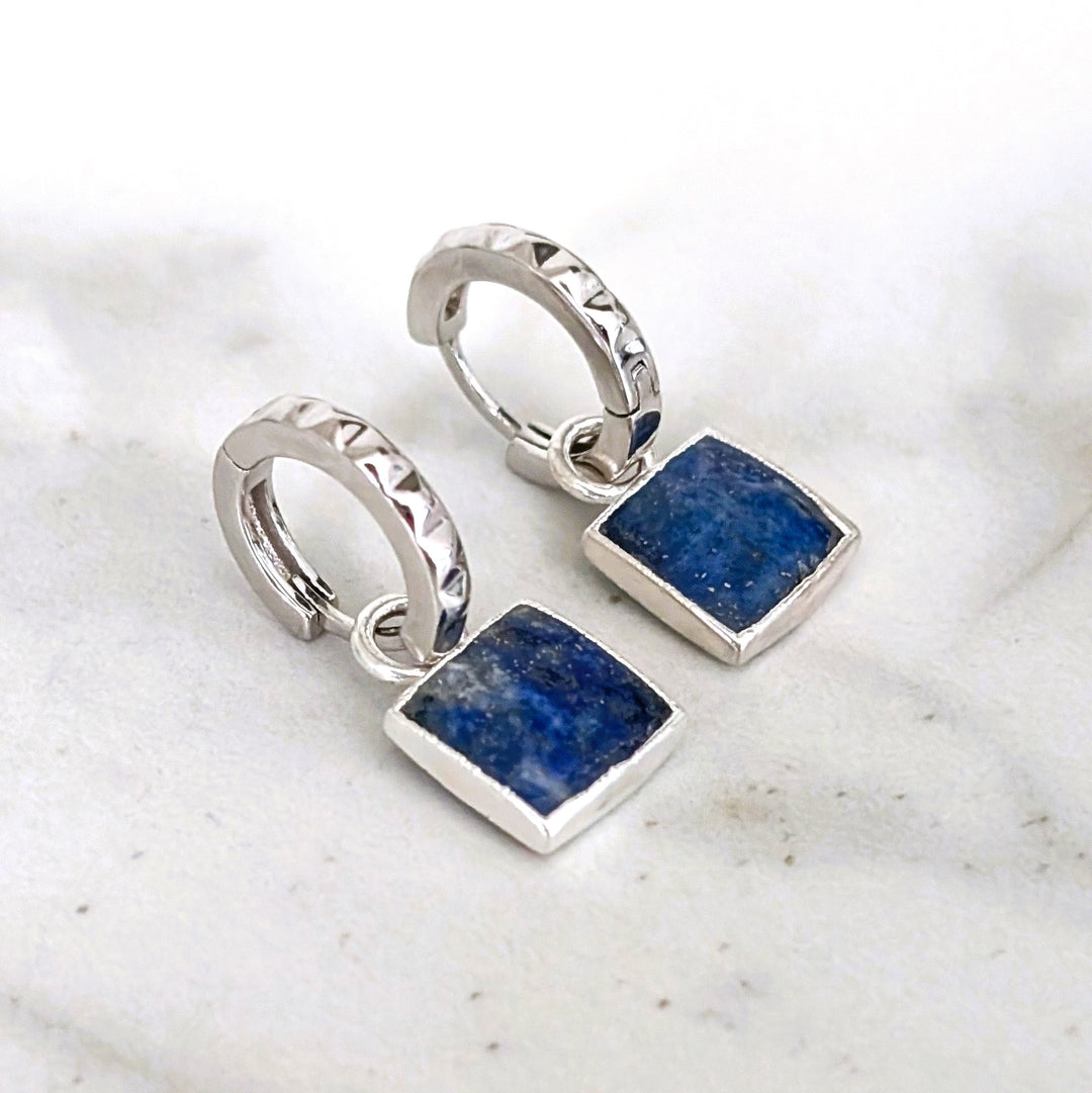 sterling silver lapis lazuli square charm hoop earrings