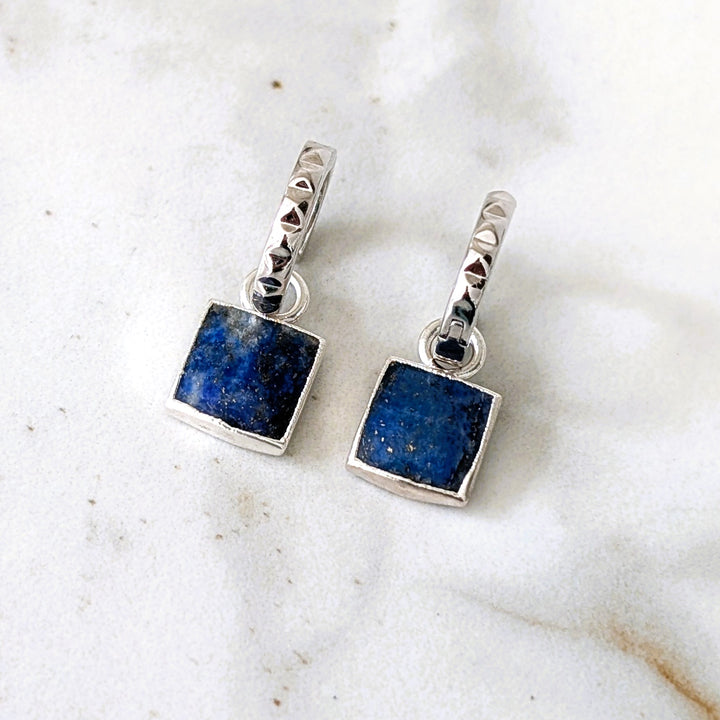 sterling silver lapis lazuli square charm hoop earrings