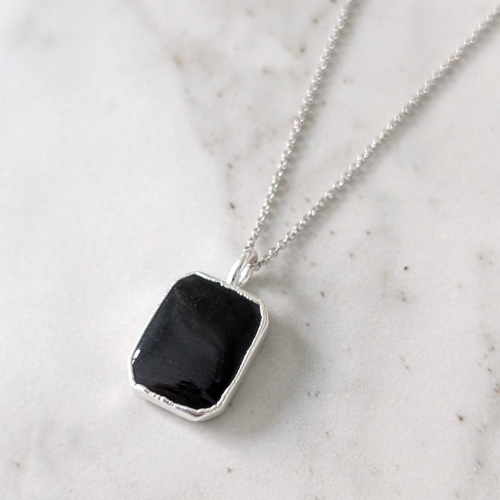 sterling silver black tourmaline rectangular pendant necklace