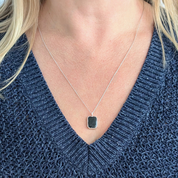 sterling silver black tourmaline rectangular pendant necklace