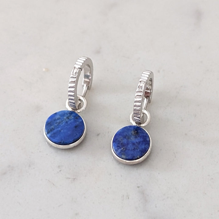 sterling silver lapis lazuli circular charm hoop earrings