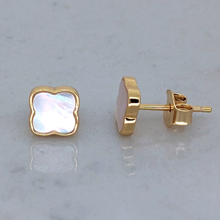 gold mother of pearl clover stud earrings