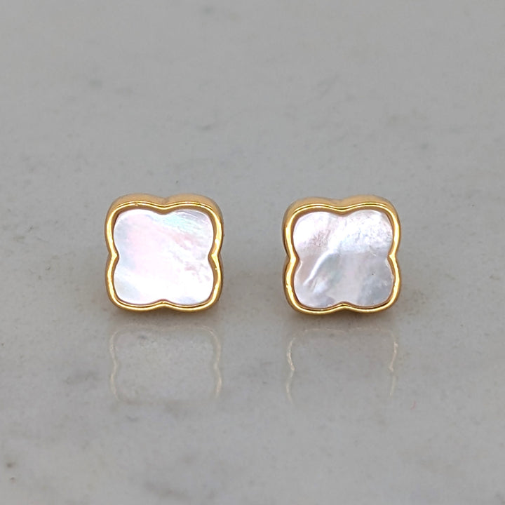 gold mother of pearl clover stud earrings