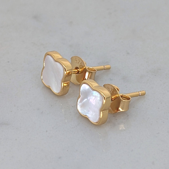 gold mother of pearl clover stud earrings