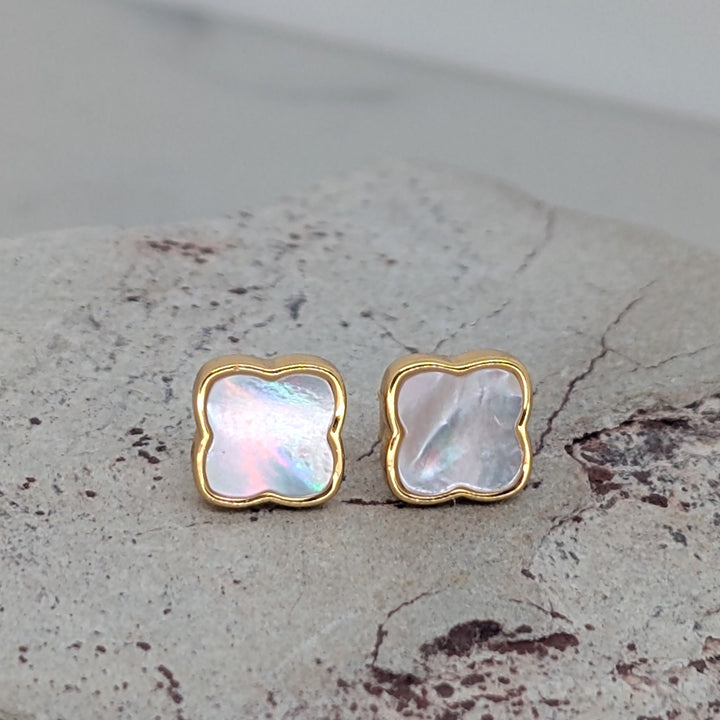gold mother of pearl clover stud earrings
