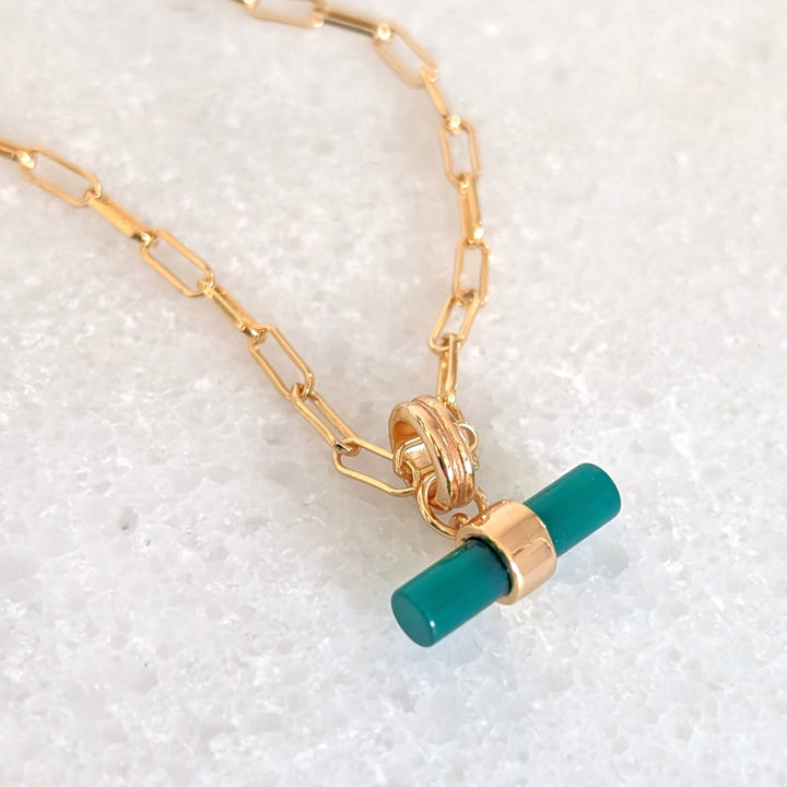 gold green onyx t-bar necklace