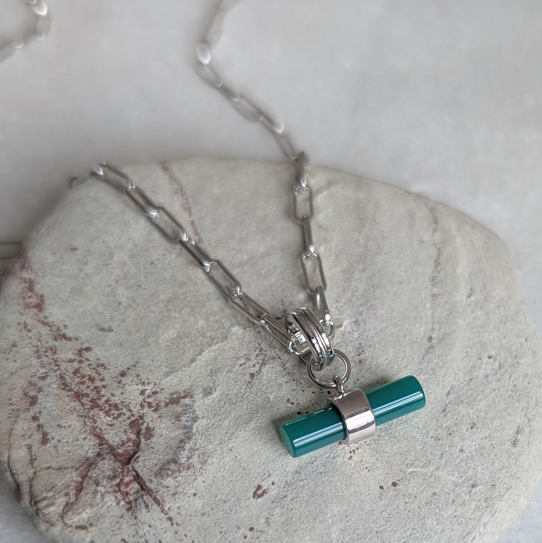 sterling silver green onyx t-bar necklace