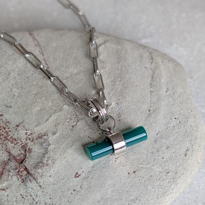 sterling silver green onyx t-bar necklace