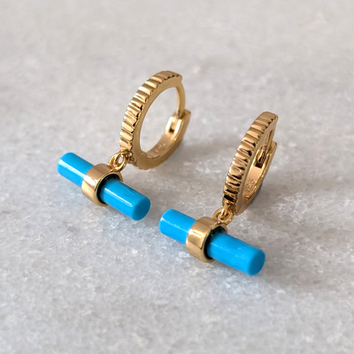 18 carat gold plated sterling silver turquoise t-bar hoop earrings