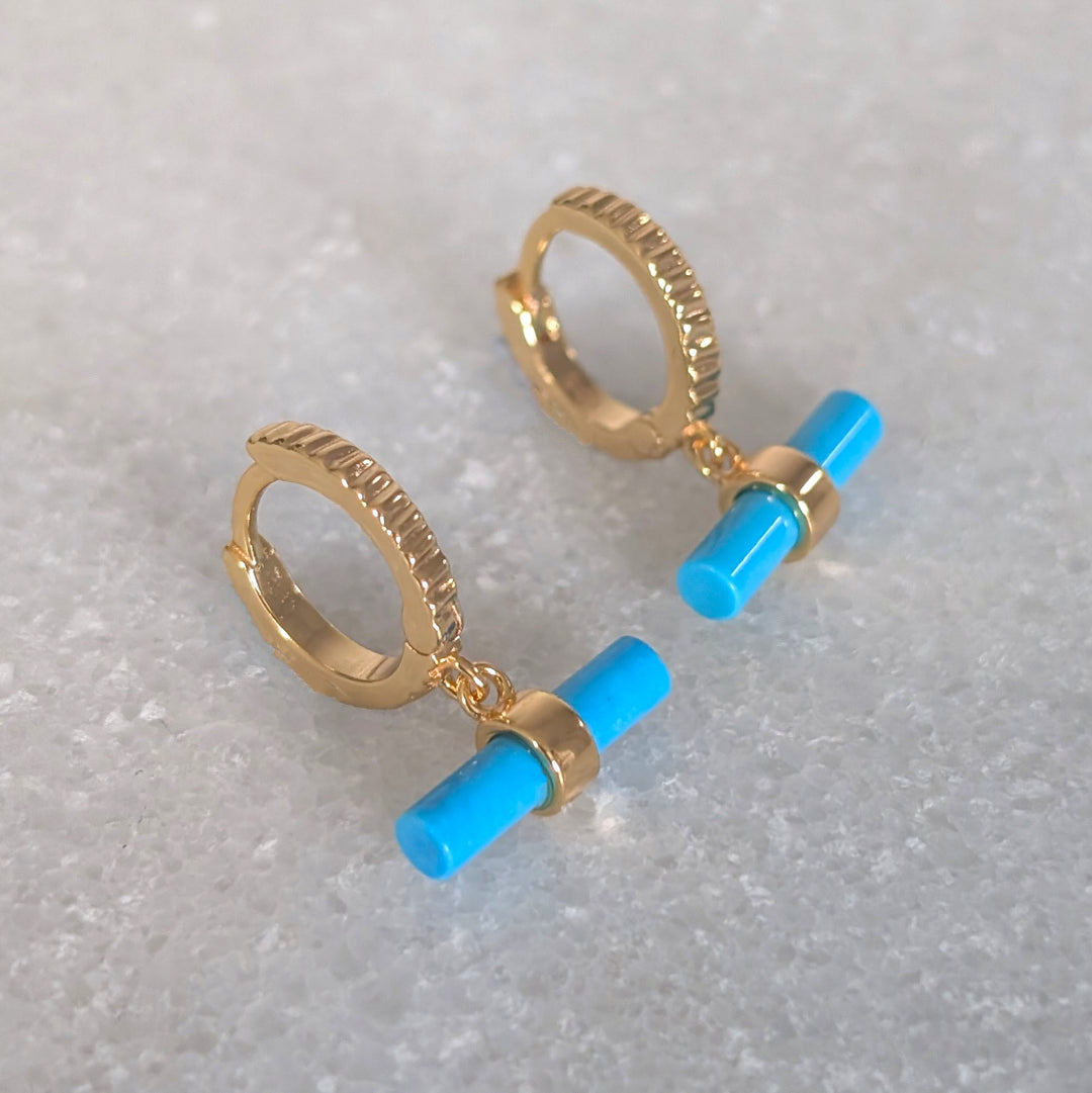 18 carat gold plated sterling silver turquoise t-bar hoop earrings
