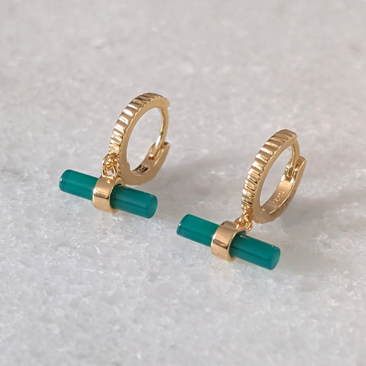 gold plated green onyx t-bar earrings