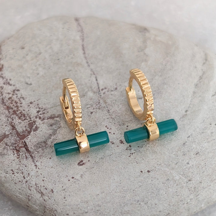 gold plated green onyx t-bar earrings