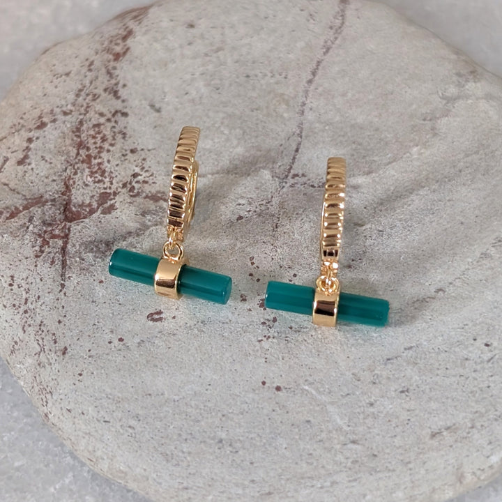 gold plated green onyx t-bar earrings