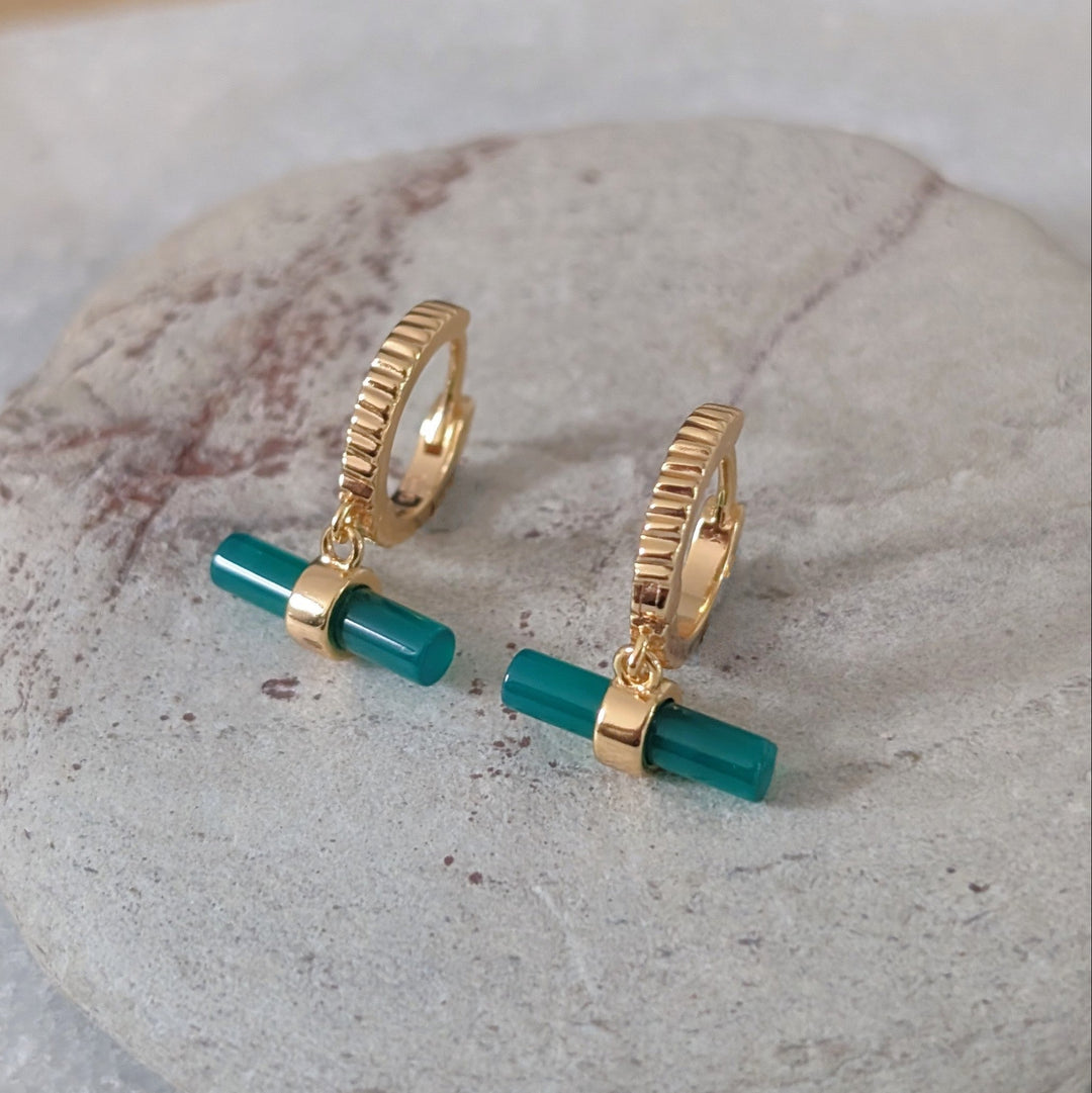 gold plated green onyx t-bar earrings