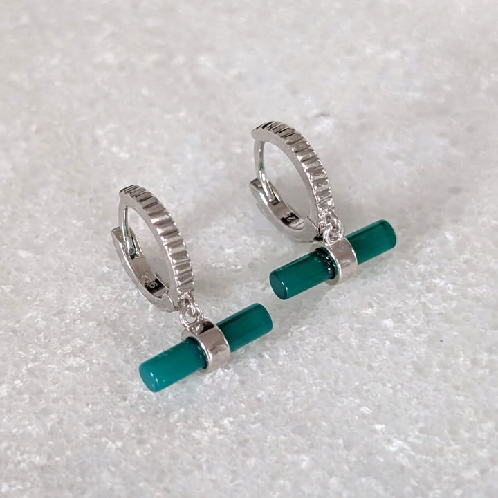 sterling silver green onyx t-bar hoop earrings
