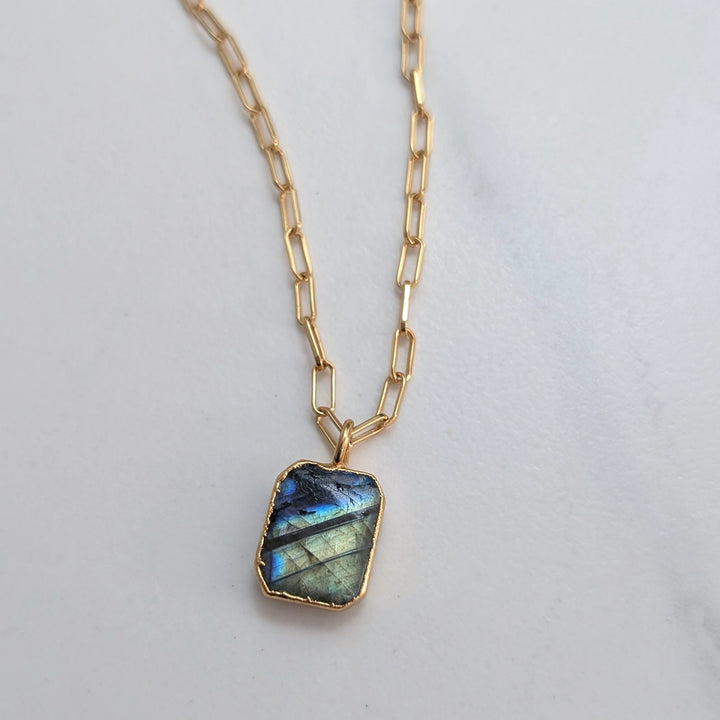 labradorite rectangle pendant on gold plated sterling silver paperclip chain