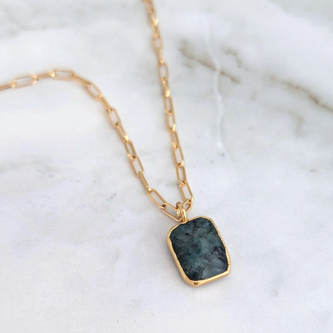 gold plated sterling silver emerald rectangle necklace on a paperclip chain